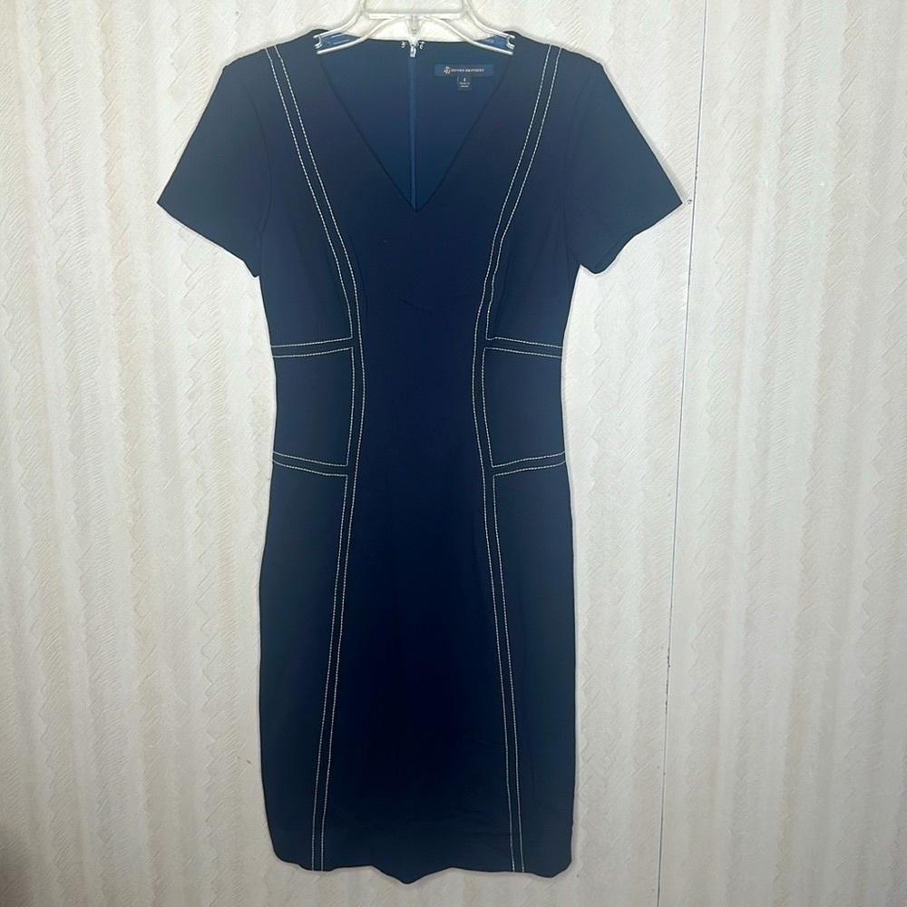 🤩 🆕 BROOKS BROTHERS Navy Blue White Stitched Accents V-Neck Stretch Dress 4 - Picture 2 of 6
